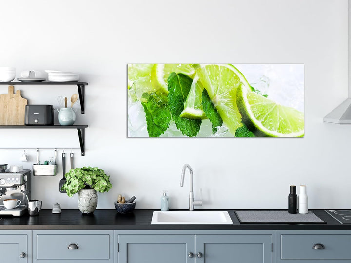 Glasbild Panorama | Wandbild aus Echtglas | Limetten und Minze im Eis | 100x40 cm | inkl. Aufhängung