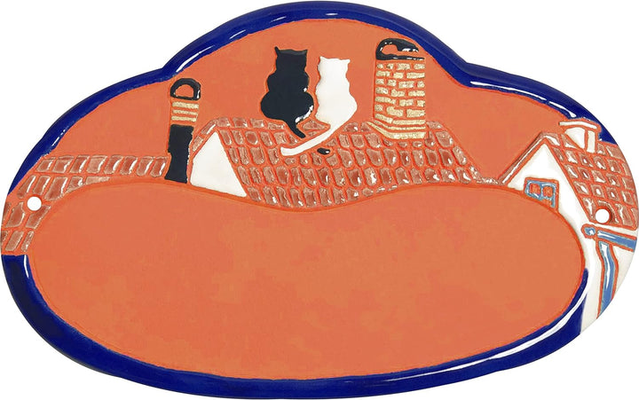 Handarbeit aus Schleswig-Holstein Keramikschild 19,5 x 12,5 cm Motiv Zwei Katzen auf Dachfirst (Terr
