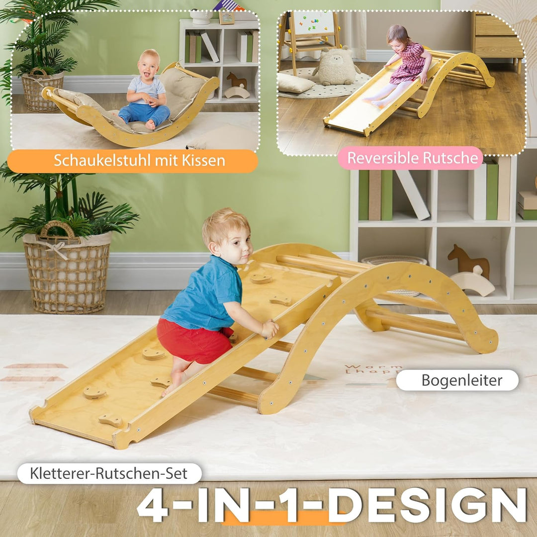 AIYAPLAY 4-in-1 Montessori Klettergerüst Indoor Holz Kletterdreieck mit Kletterbogen, Rutsche & Matt