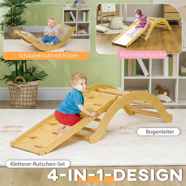 AIYAPLAY 4-in-1 Montessori Klettergerüst Indoor Holz Kletterdreieck mit Kletterbogen, Rutsche & Matt