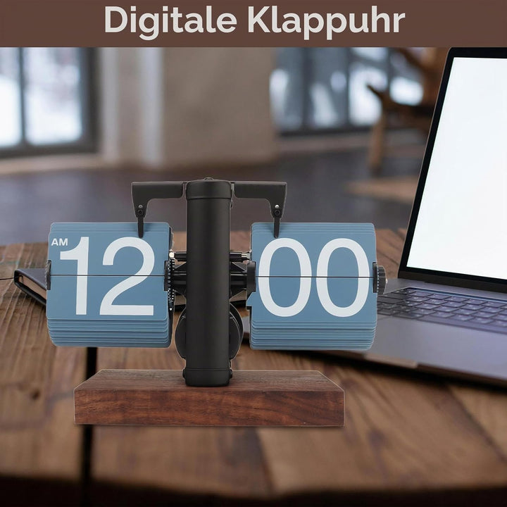 Digitale Flip-Down-Uhr, 12 Stunden Flip Uhr Retro mit Holzsockel und grosse Zahlenanzeige Tischuhr V