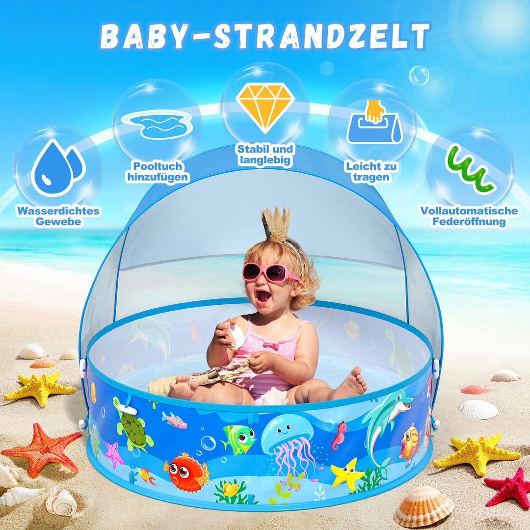 Baby Planschbecken mit Dach, Pop-Up Strandmuschel Baby UV Schutz 50+ mit Aufbewahrungstasche, 4 in 1