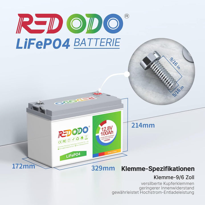 Redodo LiFePO4 100Ah 12V [2 Pack] Lithium Batterie 100A BMS 2560Wh Kapazität LiFePO4 Akku Deep Cycle