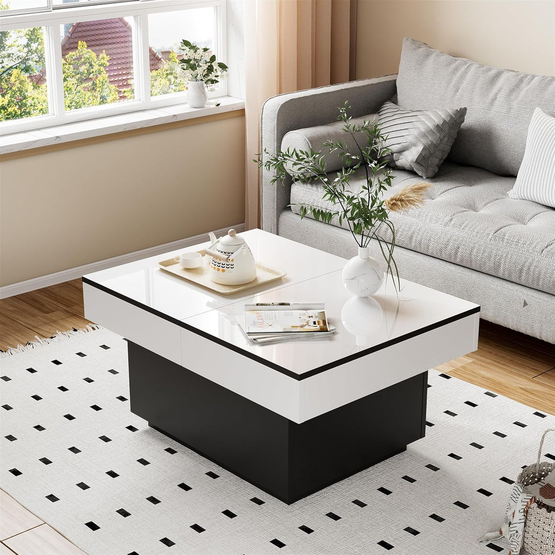 JoliJour Couchtisch Weiss Hochglanz mit LED,Ausziehbarer Couchtisch,Hochglanz-Finish,Wohnzimmertisch