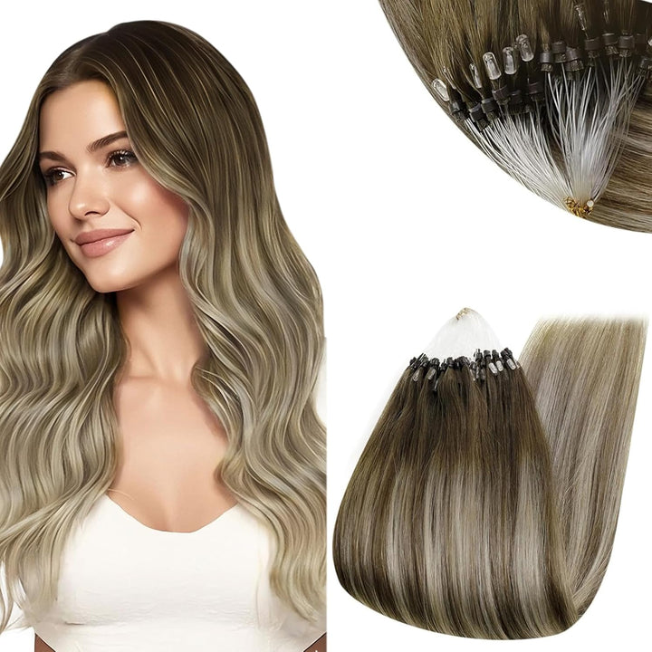RUNATURE Echthaar Extensions Micro Loop Braun Balayage Blond Ombre 1g 50cm Remy Micro Ring Loop Exte