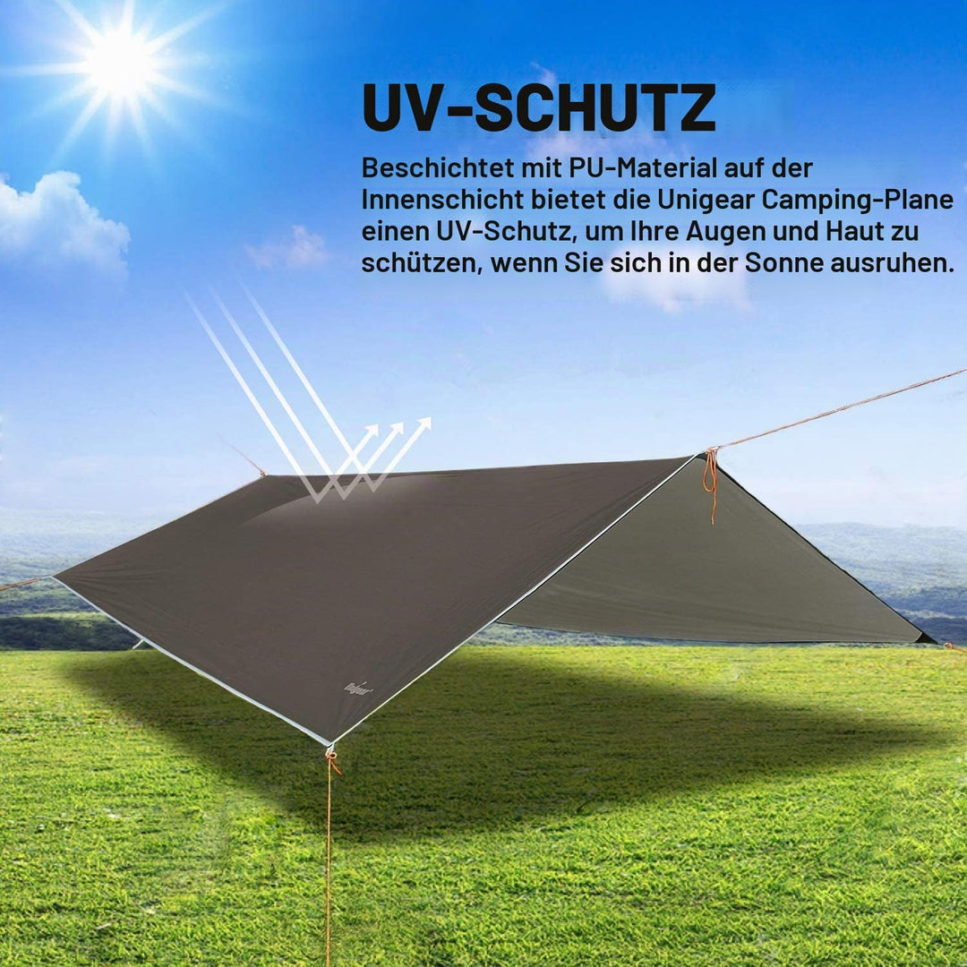 Unigear Tarp 3x3 3x4 3x5 4x4 wasserdicht, Zeltplane für Hängematte mit Ösen + 6/8 Erdnägel + 6/8 Sei