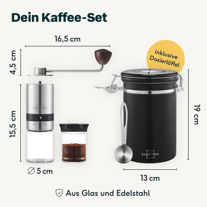 SILBERTHAL Handkaffeemühle manuell mit einstellbaren Mahlgraden & luftdichter Kaffeedose 500g aus Ed