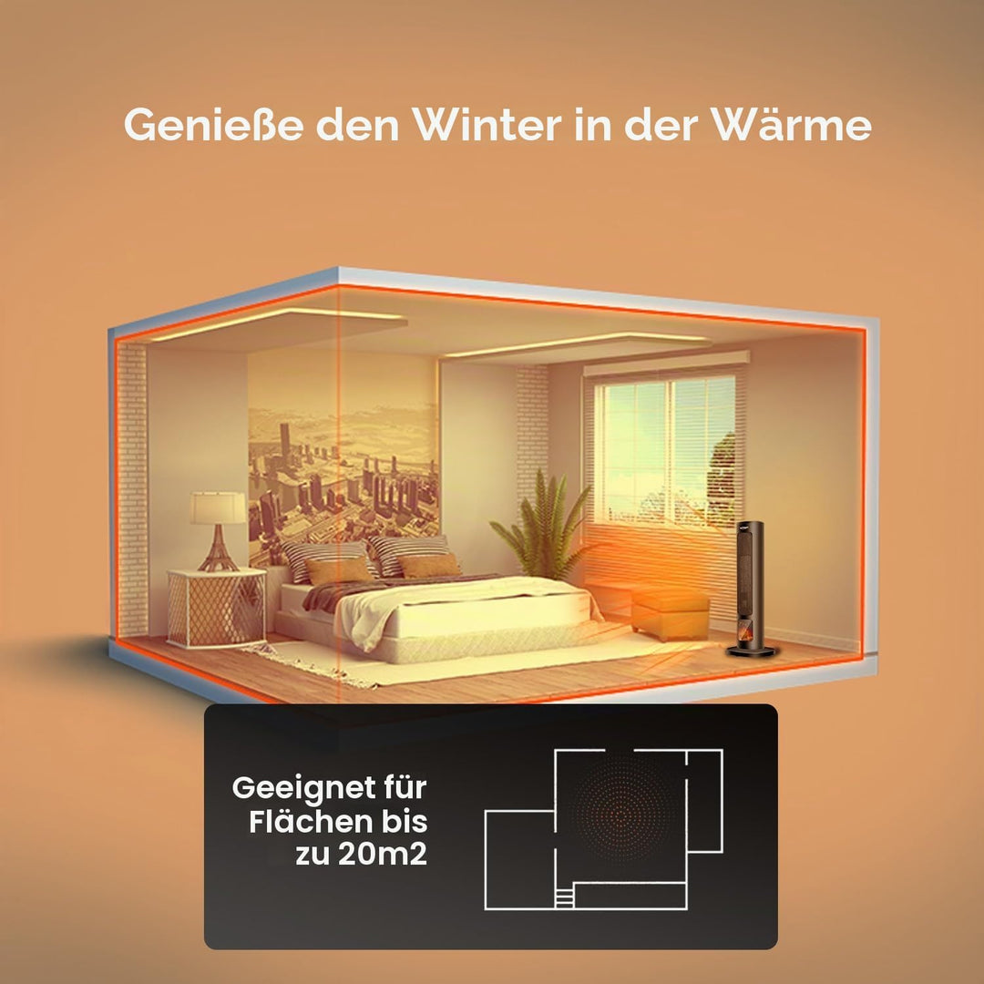 Wintem Elektrischer Heizlüfter Turm 800/2000 W mit Display Kamineffekt und Fernbedienung 60 cm – Ide