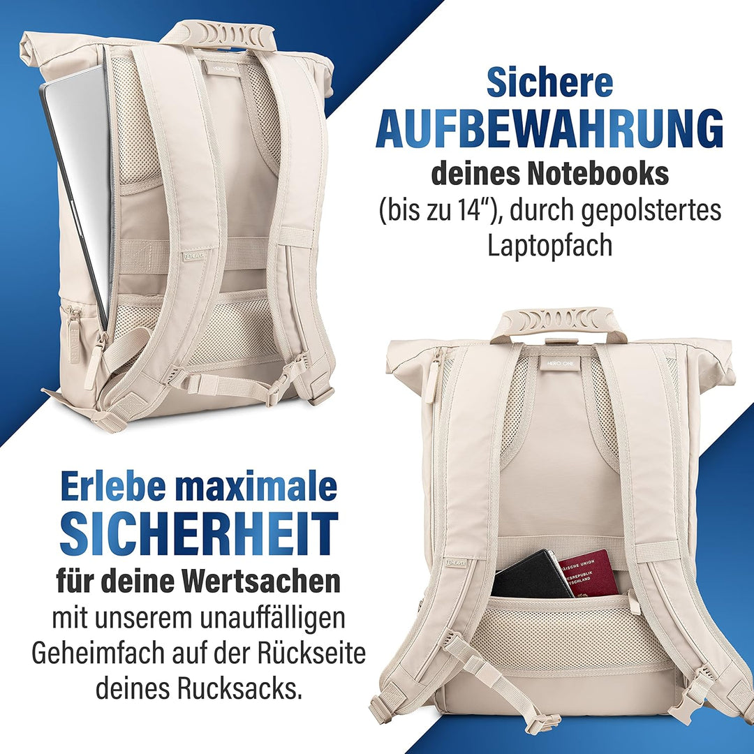 HEAVER® Rolltop Rucksack Damen & Herren, Rucksack mit Laptopfach, Uni Rucksack Damen, Rollrucksack D