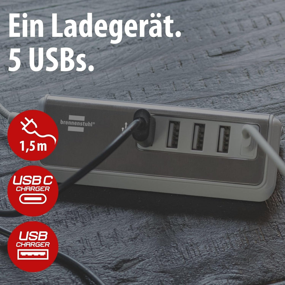 brennenstuhl®Estilo USB Ladegerät mit Schnellladefunktion/Mehrfach USB Ladestation mit Edelstahlober