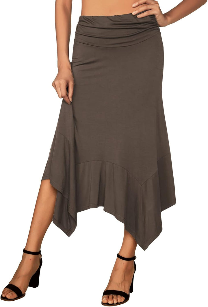 DJT Damen Elegant Elastisch Taille Rock A-Linie Faltenrock Midi Rock mit Taschentuch Saum S Tannenza