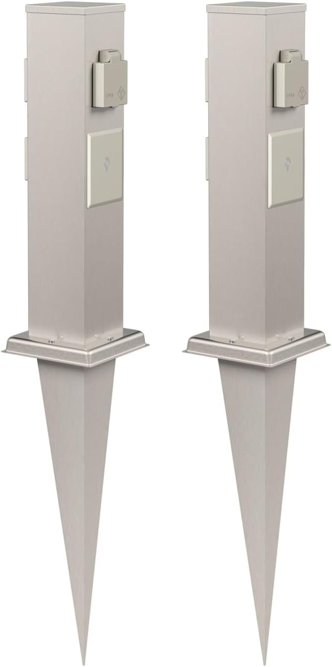 ledscom.de 2X Garten-Steckdosen-Säule Polly mit Erdspiess für aussen, 3-Fach, Smart Home, Edelstahl,