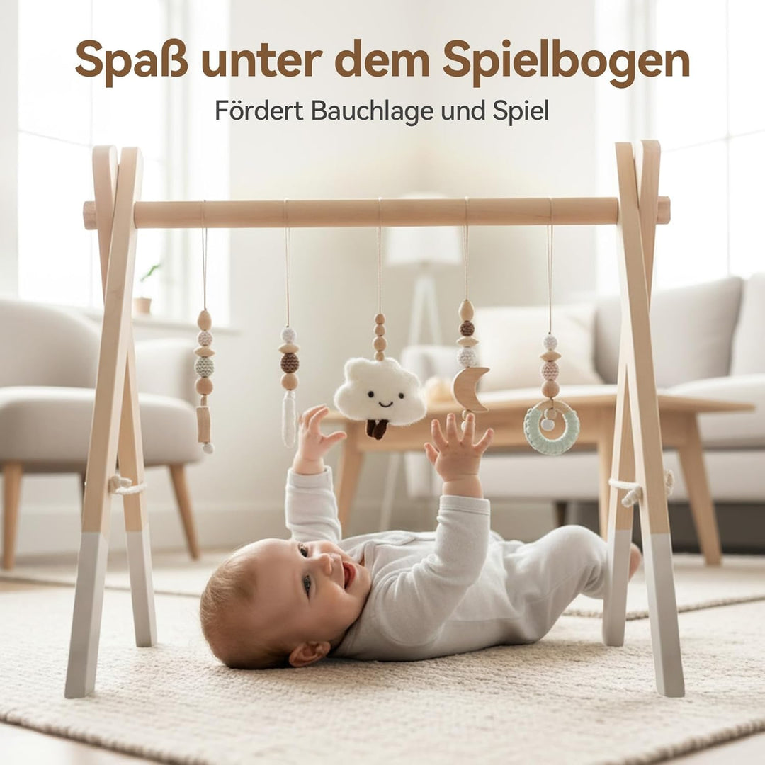 Spielbogen Baby Holz- Montessori Spielbogen mit 5 abnehmbaren Sensorischen Spielzeugen, Faltbar Baby