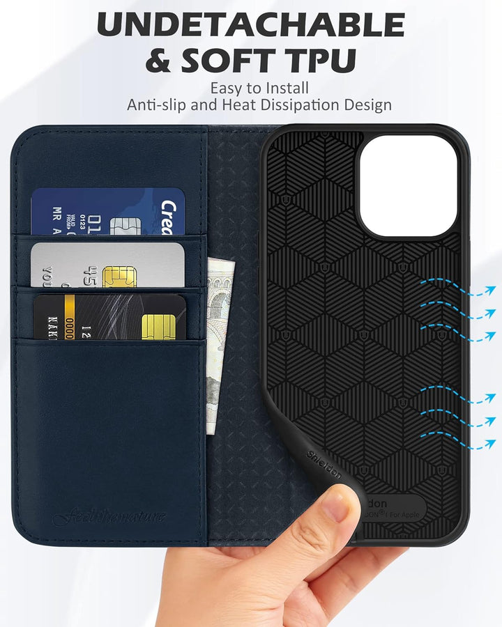 SHIELDON Hülle für iPhone 13 Pro Max, Schuzhülle [Echtleder] [Kartenfach] [Verdichtes TPU] Magnetisc