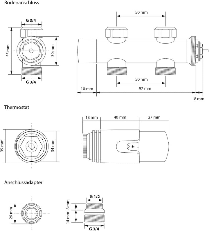 ECD Germany Badheizkörper Mittelanschluss 600 x 1500 mm Anthrazit gerade mit Anschlussgarnitur inkl.