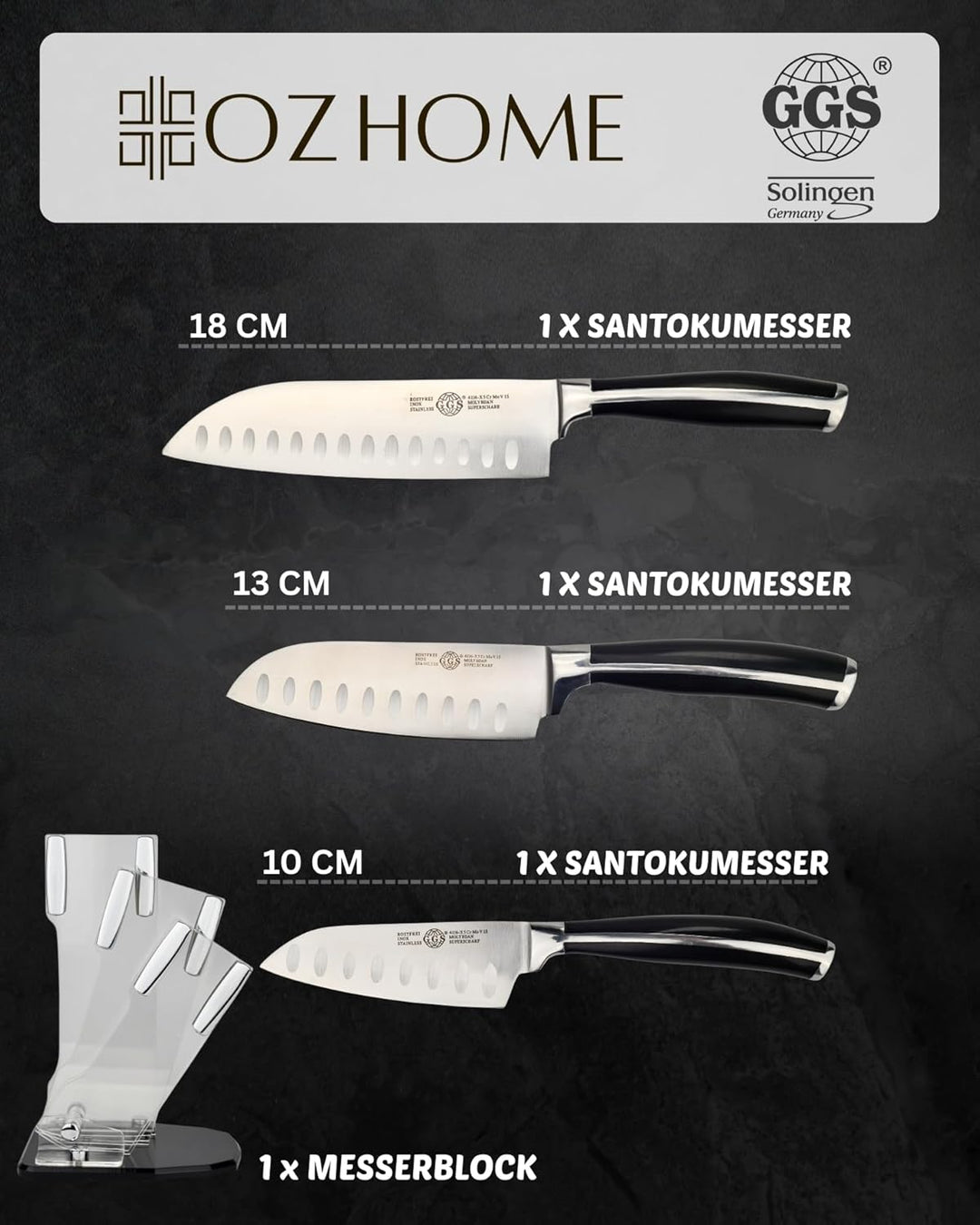 GGS Solingen Santoku Messer Set 4-teilig – Küchenmesser Set Edelstahl mit Messerblock, 3 Santokumess