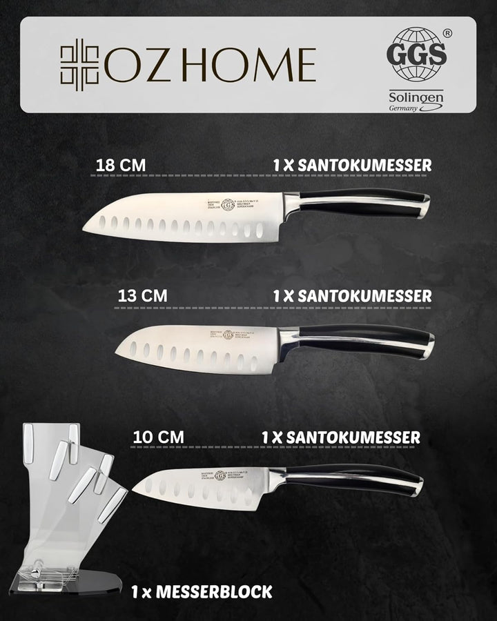 GGS Solingen Santoku Messer Set 4-teilig – Küchenmesser Set Edelstahl mit Messerblock, 3 Santokumess