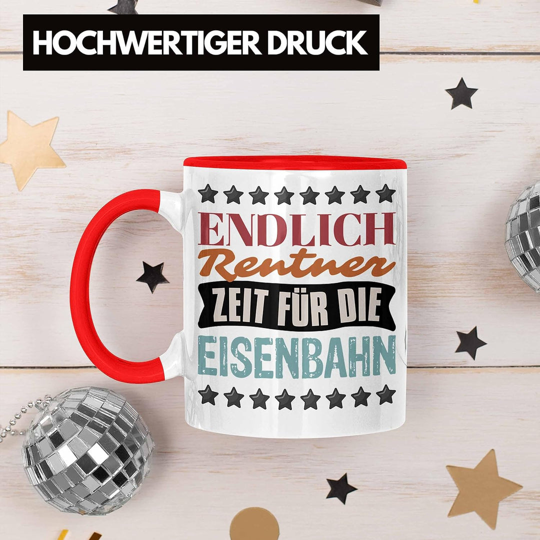 Trendation - Eisenbahner Tasse Geschenk für Modelleisenbahn-Fans Geschenkidee Endlich Rente Zeit für