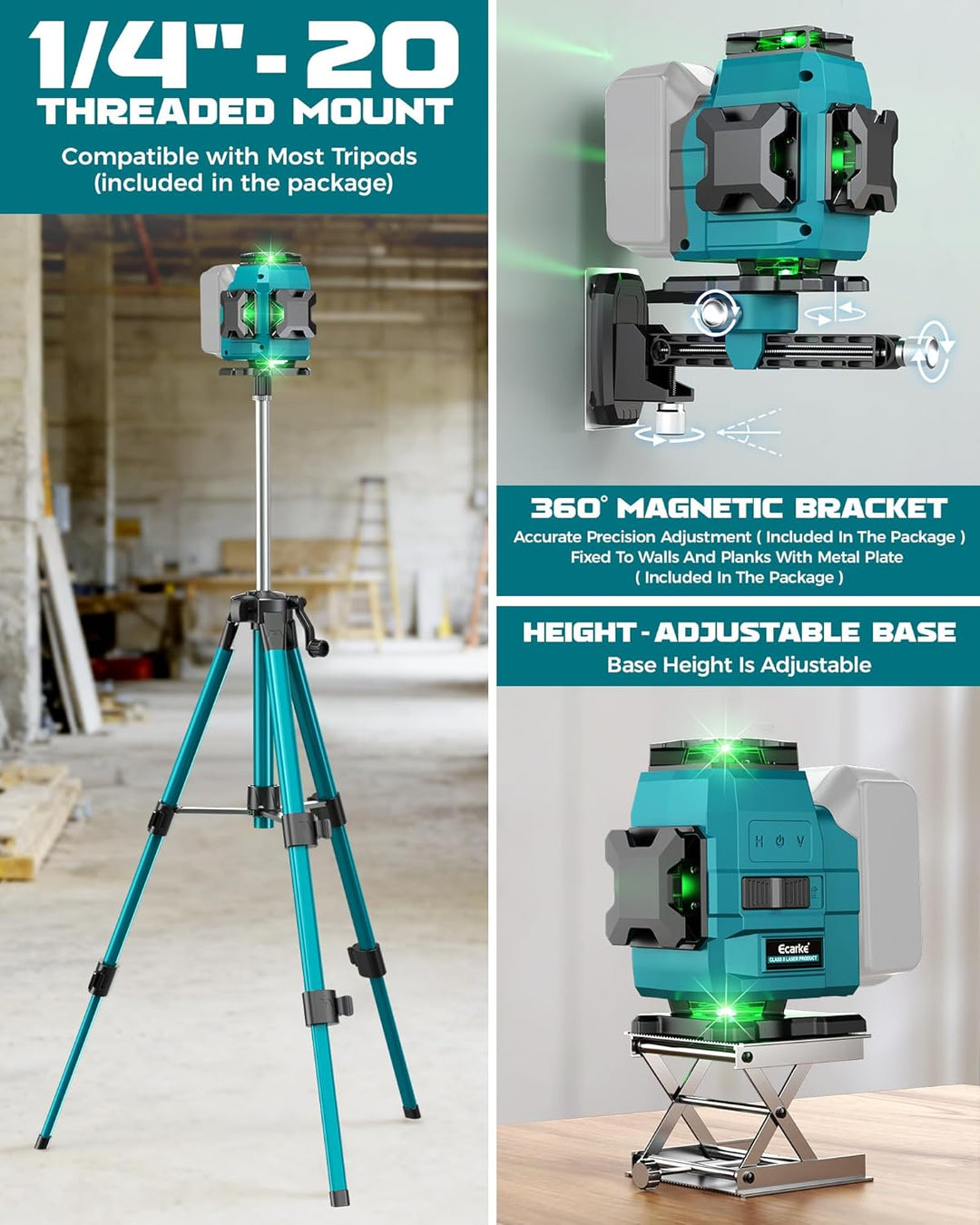 Ecarke 4D Kreuzlinienlaser Grün 16 Linien 4x360° mit Stativ, kompatibel mit Makita 18V Akku, Selbstn