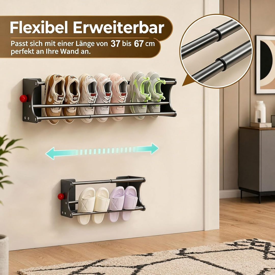 2 Ebenen Schuhregal Wandmontage - Grau Ausziehbares Schuhregal Nagelfrei, 40-75cm Verstellbar und Kl