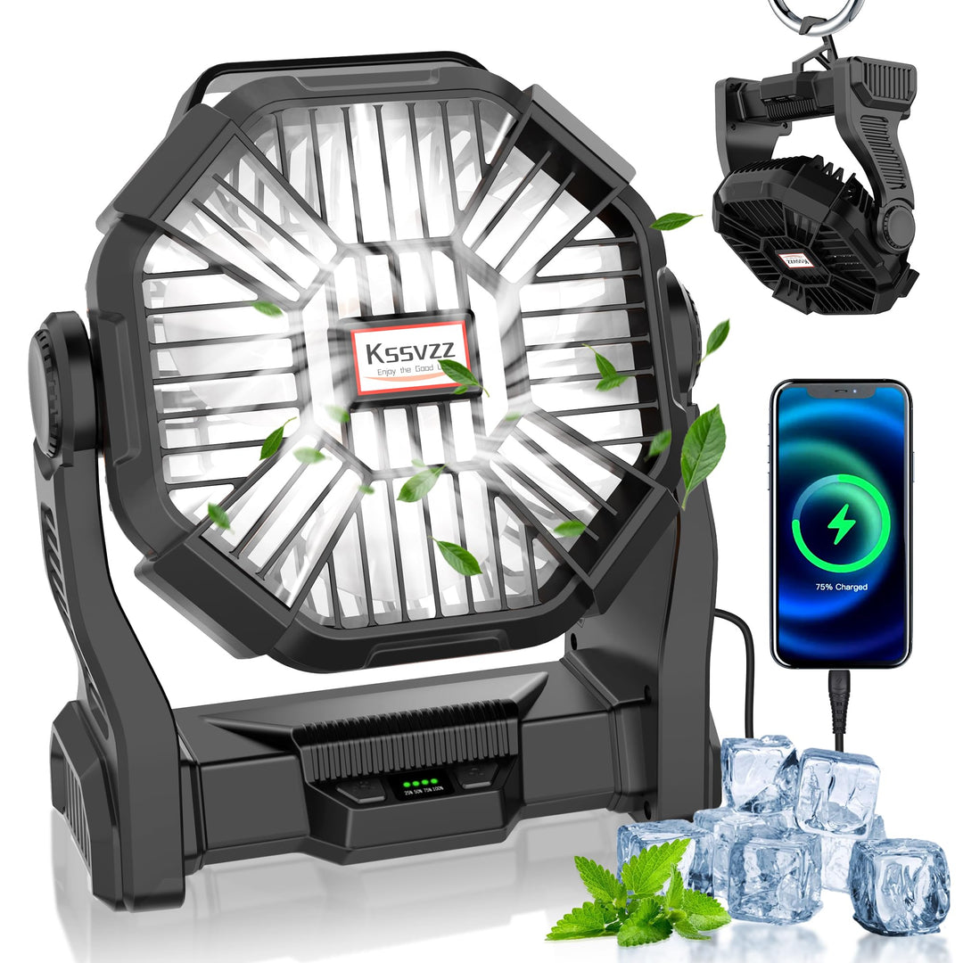 20.000 mAh Campingventilator mit LED-Licht, 4 Geschwindigkeitsstufen, USB-ventilator,es wiederauflad