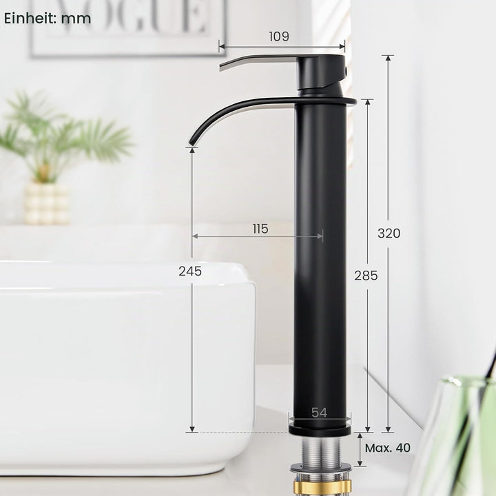 CECIPA Wasserhahn Bad Schwarz, Edelstahl Waschtischarmatur mit Auslauf Höhe 245 mm, Einhandmischer A