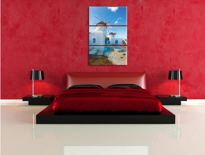 Pixxprint Windmühlen am Mittelmeer als Leinwandbild | Grösse: 3 Teilig (120x80) | Wandbild| Kunstdru