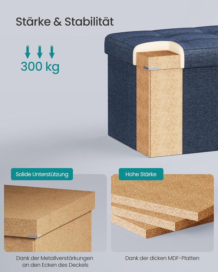 SONGMICS Sitzhocker mit Stauraum, klappbare Sitzbank, 38 x 76 x 38 cm Fussbank, Aufbewahrungsbox, bi