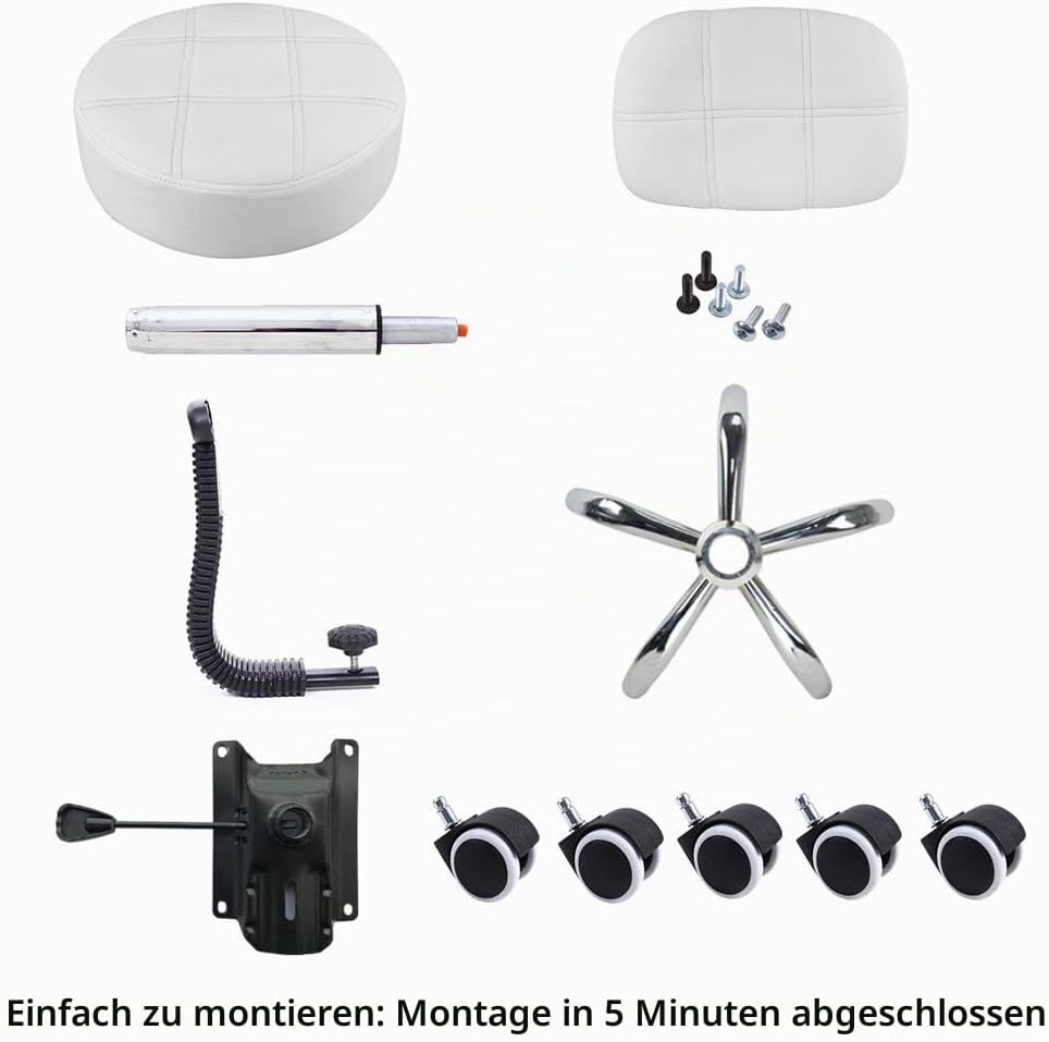 KKTONER Rollhocker Arbeitshocker mit Rückenlehne Höhenverstellbarer 50-64cm PU Leder Weiss, Weiss