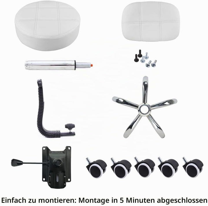 KKTONER Rollhocker Arbeitshocker mit Rückenlehne Höhenverstellbarer 50-64cm PU Leder Weiss, Weiss