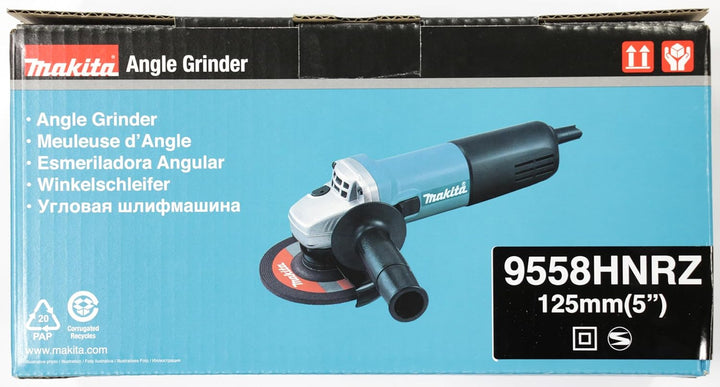 Makita 9558HNRZ Winkelschleifer, 125 mm Scheibendurchmesser, 840 Watt Leistung, mit Schutzhaube und