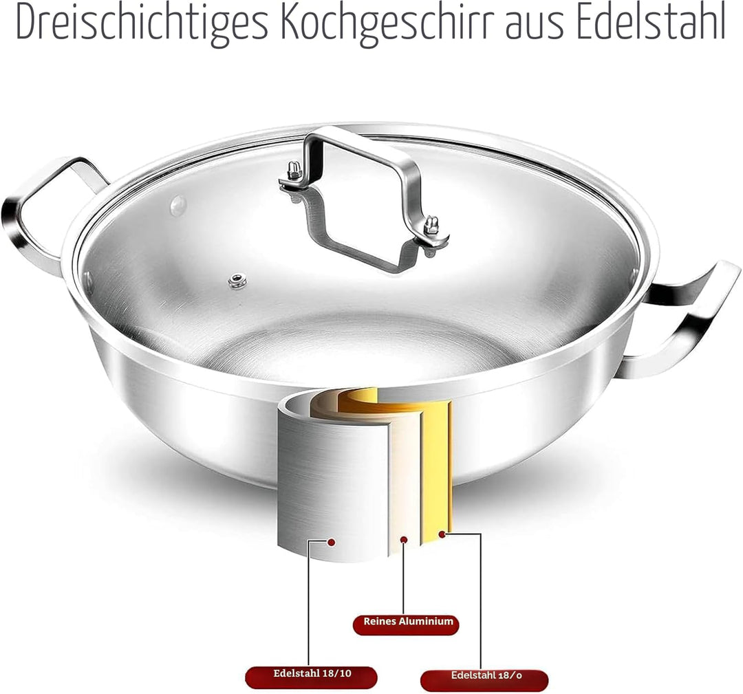 Edelstahltopf 35 cm,6.5L,Grosse Edelstahlkochgeschirr – Stark Robuste Suppe Topf,Dreischicht-Boden &