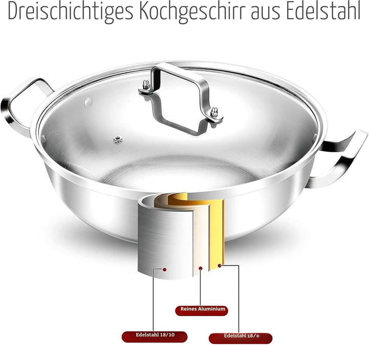 Edelstahltopf 35 cm,6.5L,Grosse Edelstahlkochgeschirr – Stark Robuste Suppe Topf,Dreischicht-Boden &