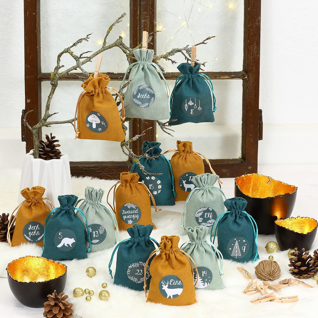 Papierdrachen 24 Adventskalender Stoffsäckchen zum Befüllen - mit Zahlenaufklebern von 1-24 - Stoffb