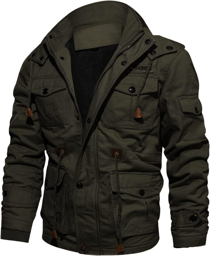 Herren Fleece Gefüttert Warme Winterjacke Militär Jacke mit Abnehmbarer Kapuze Übergangsjacke Winter