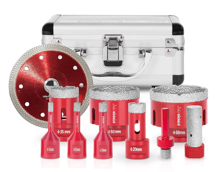 STREND PRO Diamant Fliesenbohrer Set | 6-8-10-20-35-50-68 mm, Trennscheibe, Fingerfräser 20mm, SDS A