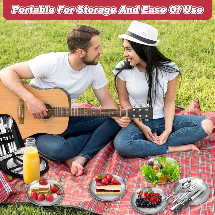 11 Teilig Camping Geschirr Set für 2 Personen, Edelstahl Picknick Campingbesteck, Besteckset mit Mes