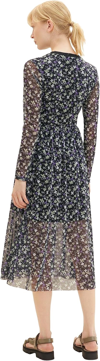 TOM TAILOR Denim Damen Denim Mesh Kleid mit Muster L 34262-black Flower Print, L 34262-black Flower