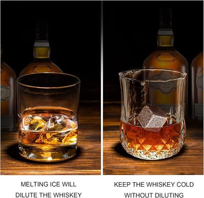 Whiskey Stones Geschenkset mit 2 Gläsern, handgefertigter Geschenkbox, 8 Granit-Whiskey-Rocks & Samt