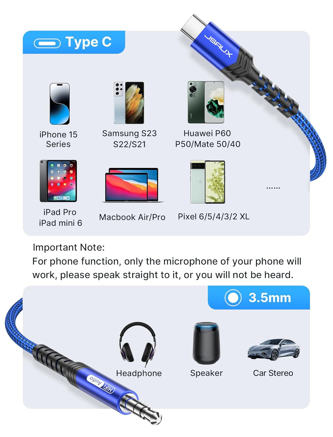 JSAUX USB C auf Klinke AUX Kabel, 2 m, 3,5 mm Klinke, Aux-Auto-Kopfhöreradapter aus geflochtenem Nyl