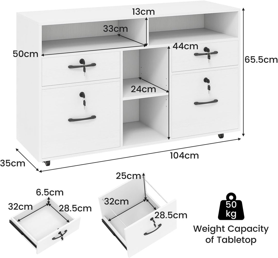 KOMFOTTEU Aktenschrank mit Rollen, Rollcontainer abschliessbar mit 4 Schubladen, Bürowagen mit verst