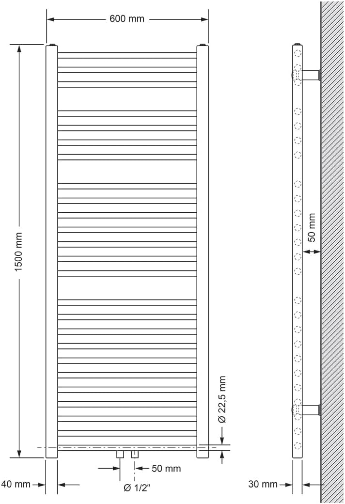 ECD Germany Badheizkörper 600 x 1500 mm Anthrazit gerade mit Mittelanschluss - Design Heizkörper Han