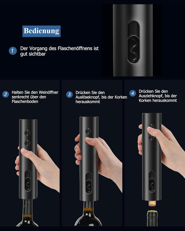 Elektrischer Weinöffner Rechargeable – Elektrischer Korkenzieher USB-C, Mini Tragbar, Schwarzes Matt