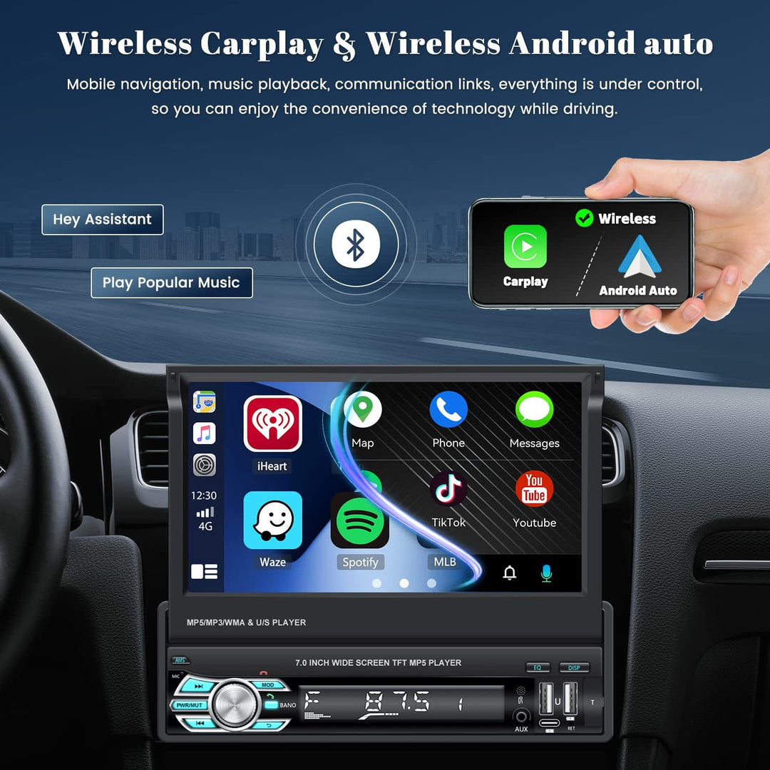 Hikity Autoradio 1 Din mit Wireless Carplay und Android Auto, 7 Zoll Ausfahrbarem Bildschirm Auto Ra