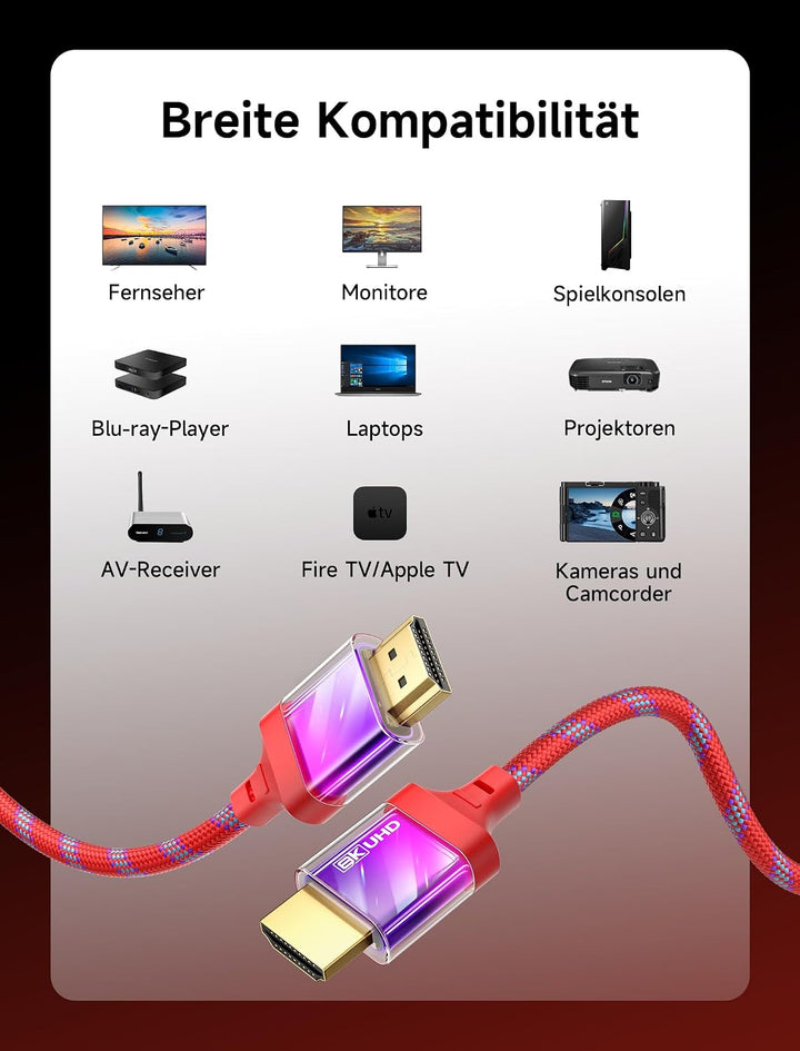 JSAUX 8K HDMI Kabel 1Meter 2-Stück | 4K &amp; 8K HDMI 2.1 Kabel 48Gbps High Speed HDMI | 4K@120Hz 144Hz,