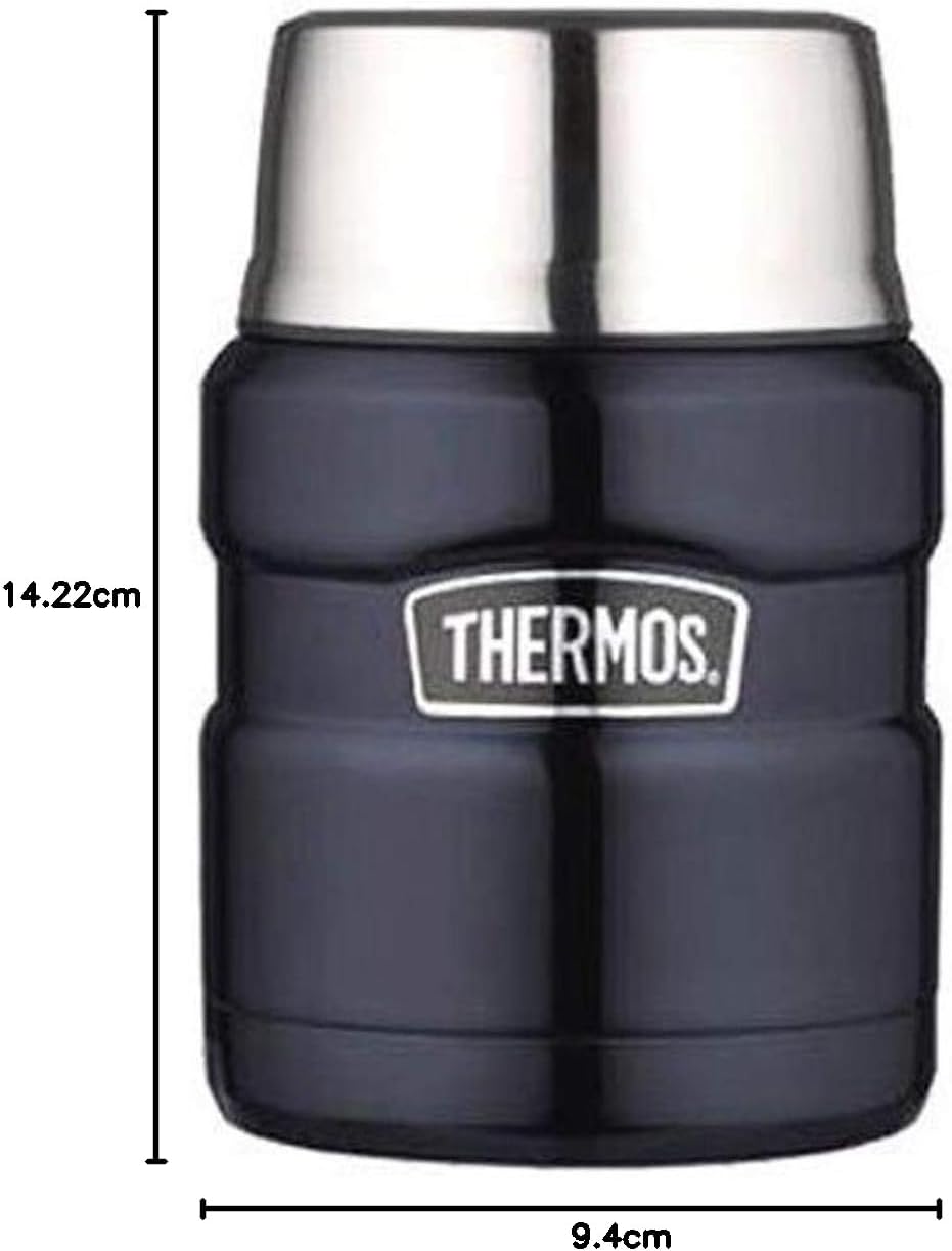 THERMOS Stainless King Vakuumisoliertes Lebensmittelglas mit Löffel, 473 ml, Mitternachtsblau Rot/Au