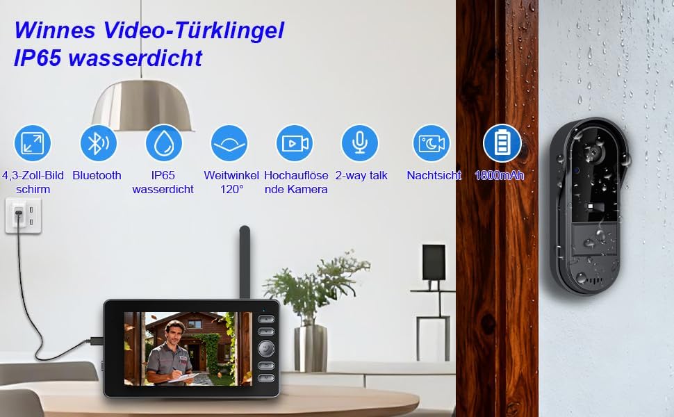 Winnes Video-Türklingel, wasserdicht IP65, Video-Gegensprechanlage mit 1080P 4,3'' IPS-Bildschirm, k