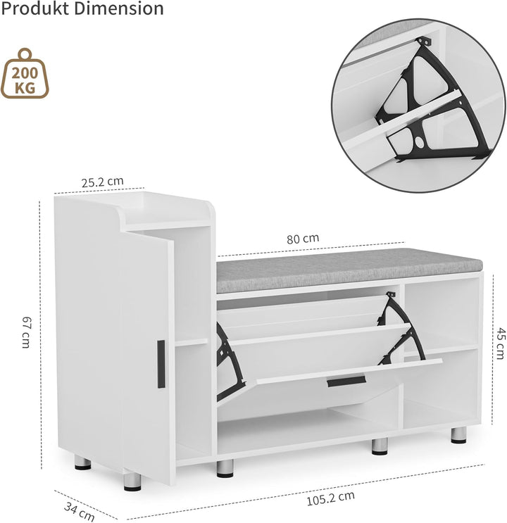 Schuhbank mit Sitzfläche, Klappfach mit Verstellbarer Trennwand, Höhenverstellbar, Schuhschrank mit