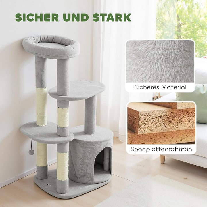 PawHut Kratzbaum 114 cm mit Höhle Spielball für Katzen unter 6 kg Hellgrau | Katzenturm, Sisalstämme