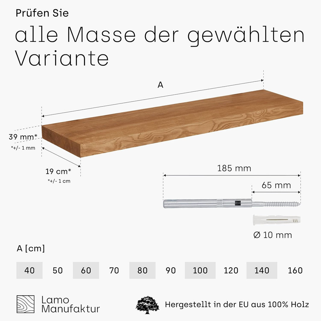 LAMO Manufaktur Wandregal Holz Gerade | Regal Farbe: Rustikal | Invisible: Schweberegal | 100 cm Inv